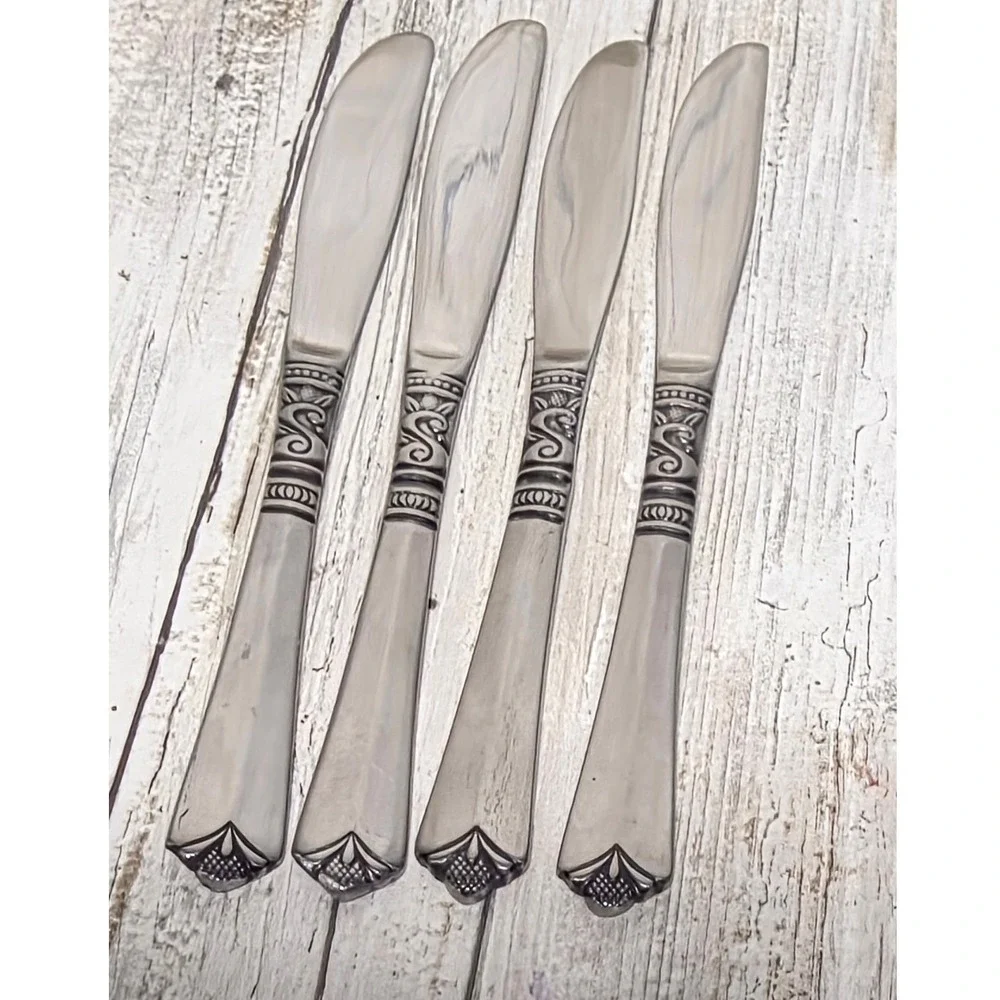 Orleans Silver Stainless Korea Dinner Knives Set of 4 Scroll Fan Pattern Vintage - Picture 2 of 7